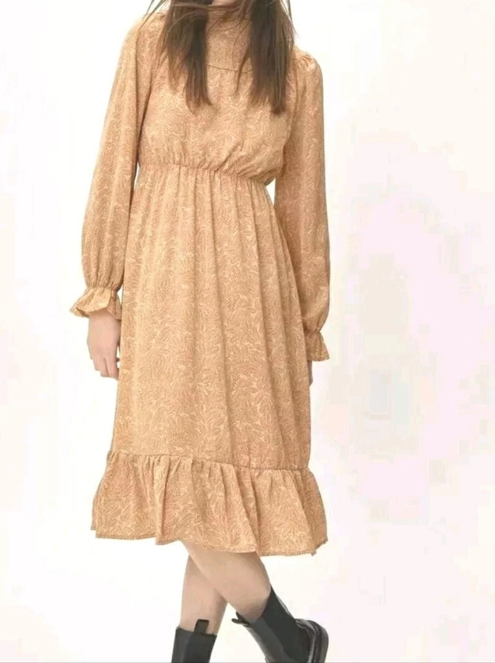 LIKE NEW QED London Long Sleeve Leaf Print High Neck Prairie Midi Dress Size 10